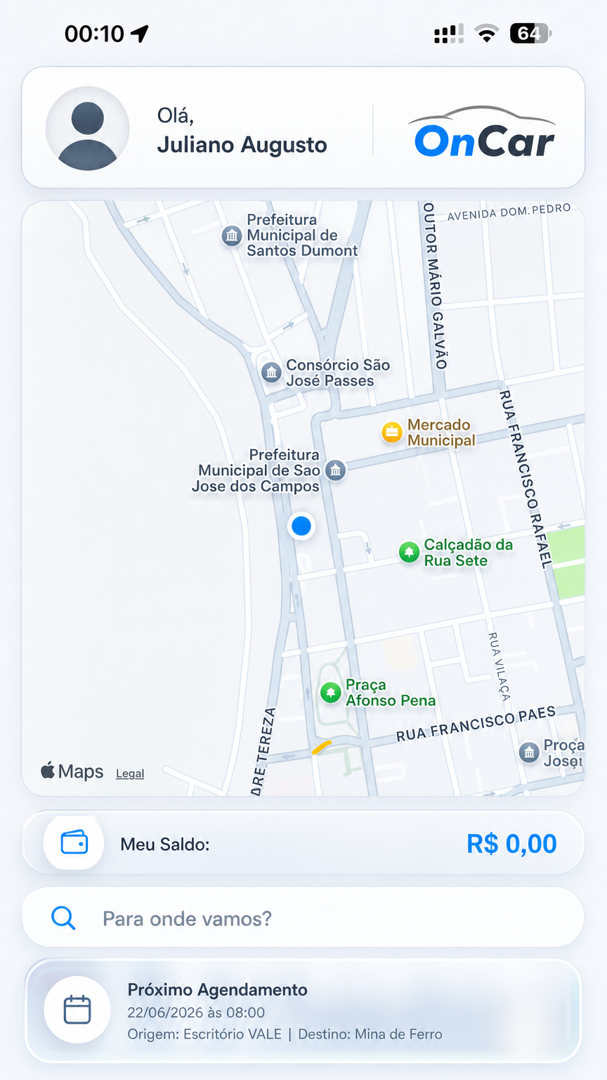 Aplicativo com mapa, saldo e próximo agendamento.